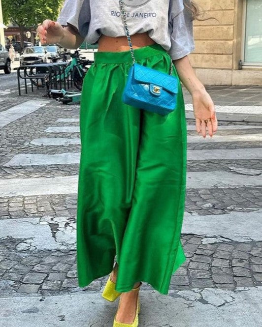 Satin Maxi Skirt With Gathered Waist - Green - 5