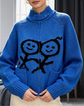 Doodle Jacquard Chunky Knit Funnel Neck Zip Cardigan - Blue
