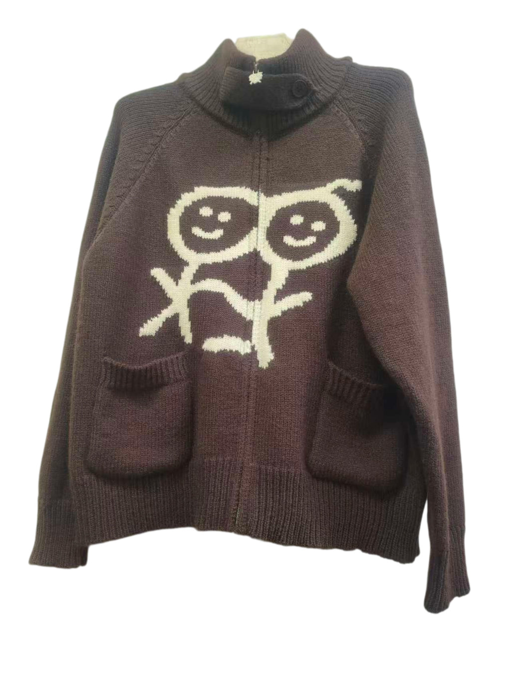Doodle Jacquard Chunky Knit Funnel Neck Zip Cardigan - Coffee