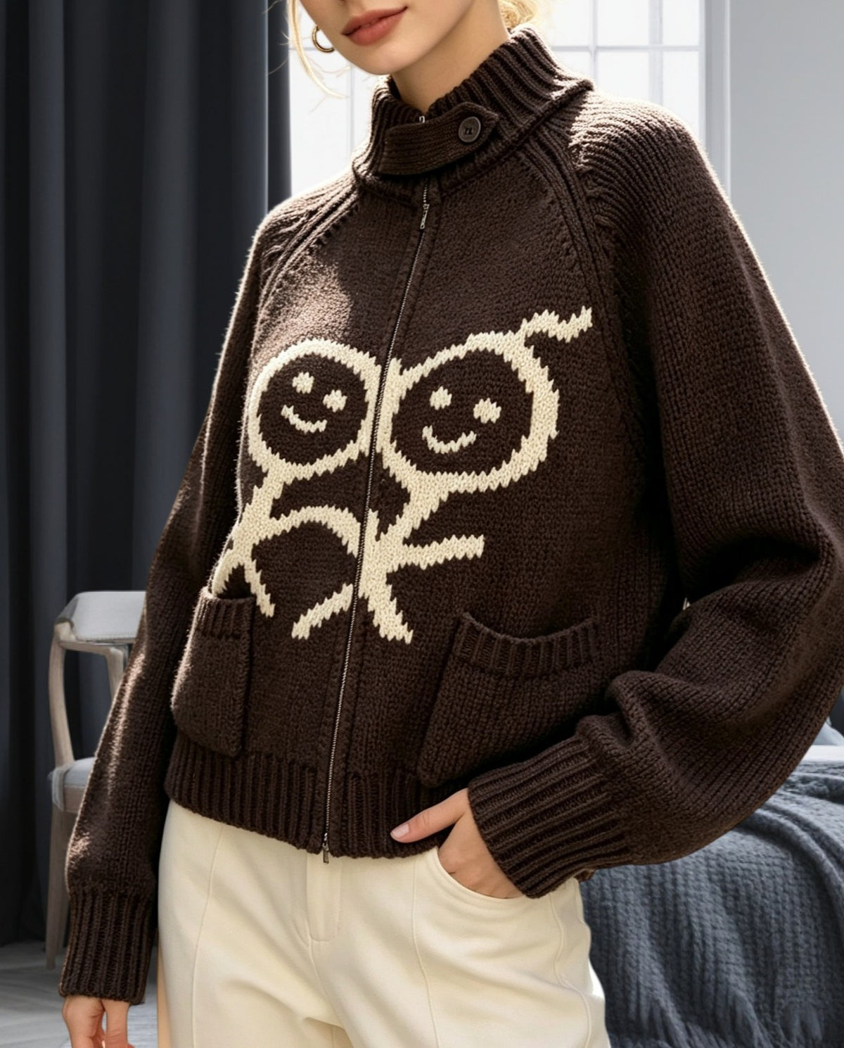 Doodle Jacquard Chunky Knit Funnel Neck Zip Cardigan - Coffee - 1