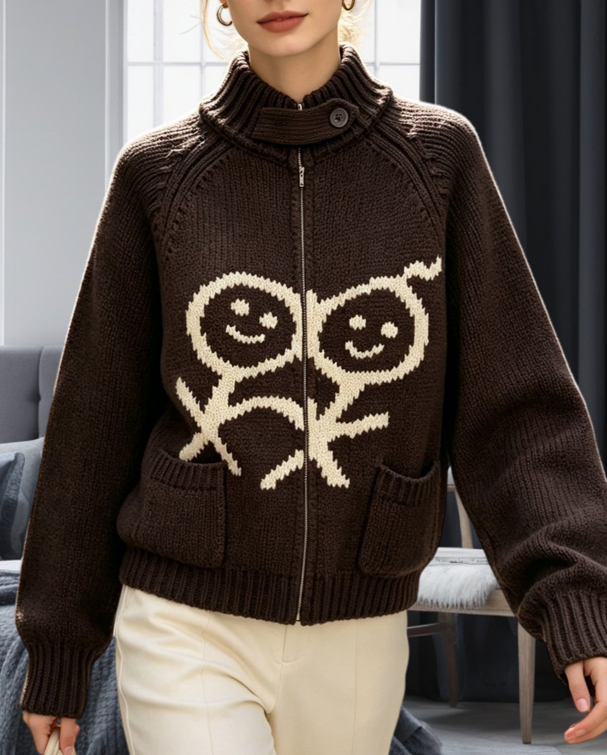 Doodle Jacquard Chunky Knit Funnel Neck Zip Cardigan - Coffee - 2