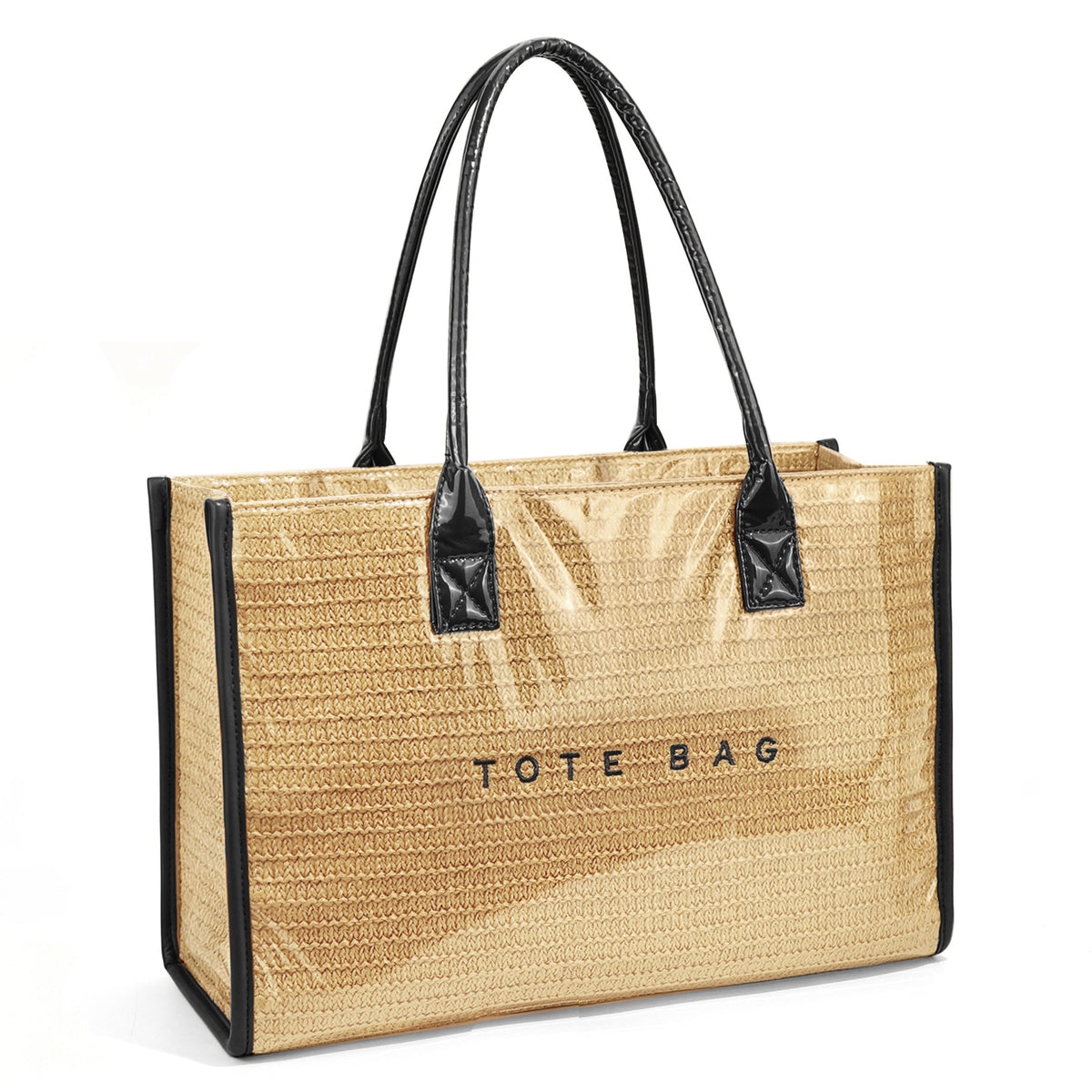 Raffia Print Structured Tote Bag With Zip - Black