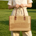 Raffia Print Structured Tote Bag With Zip - Brown