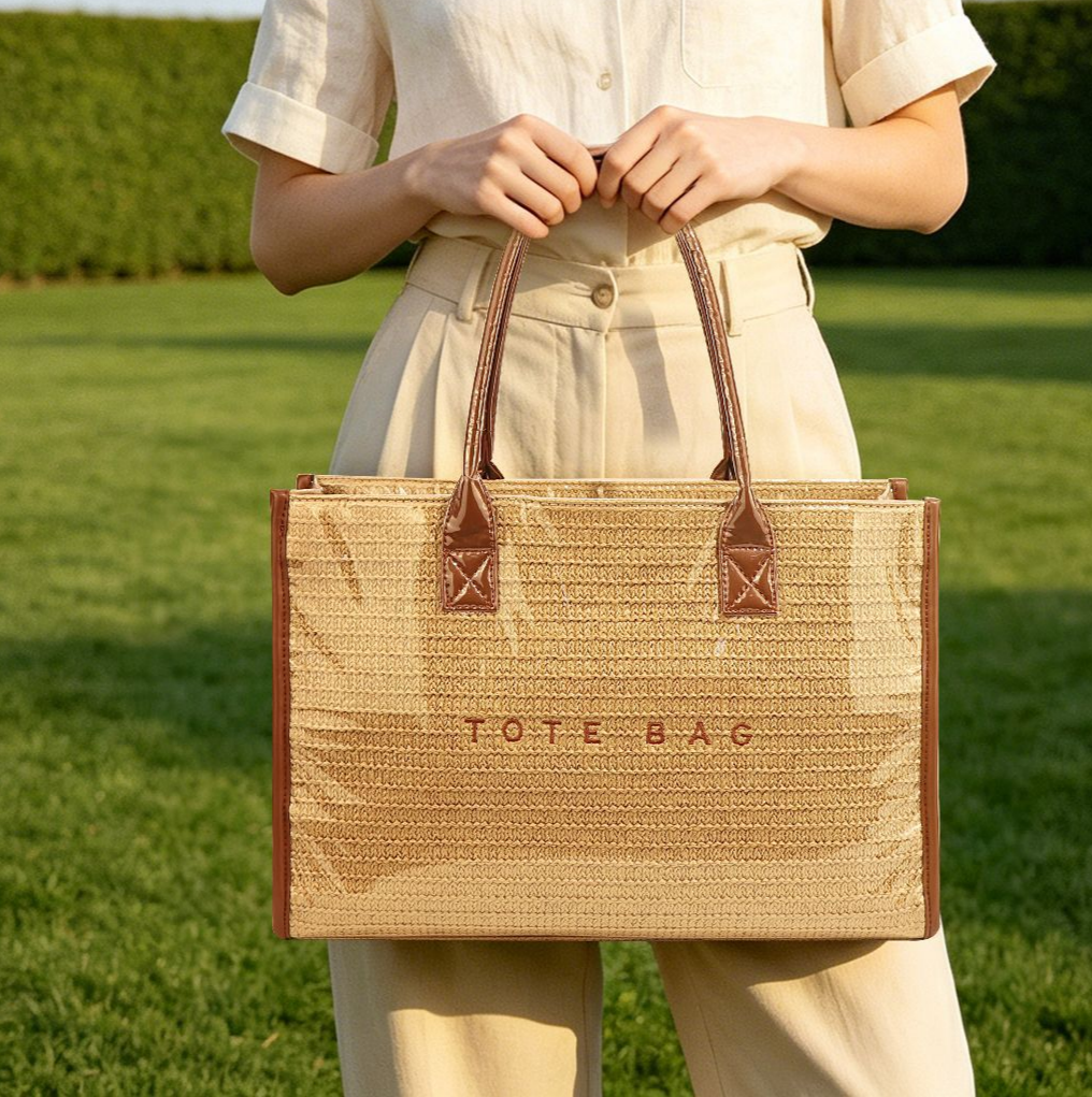 Raffia Print Structured Tote Bag With Zip - Brown