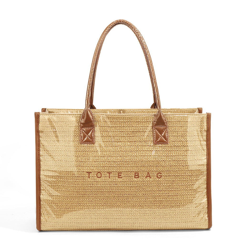 Raffia Print Structured Tote Bag With Zip - Brown - 1