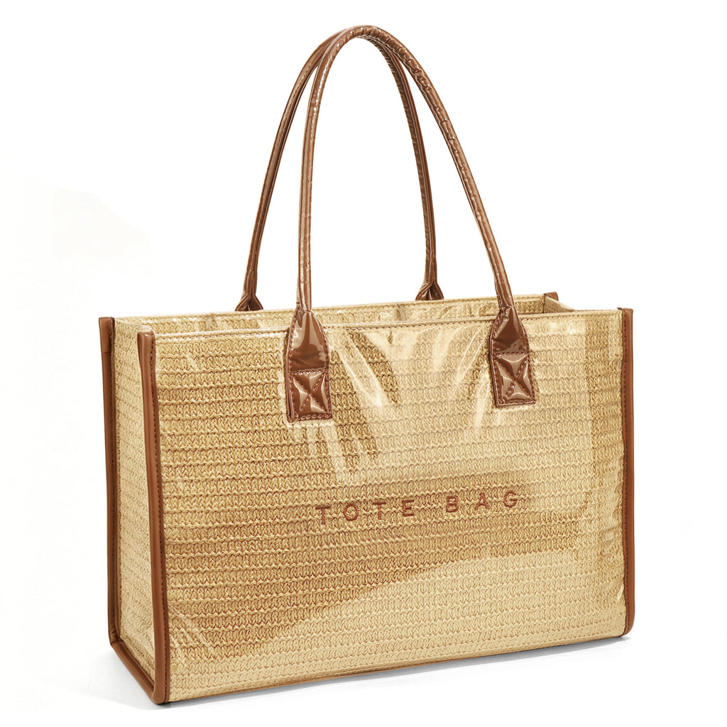 Raffia Print Structured Tote Bag With Zip - Brown - 2