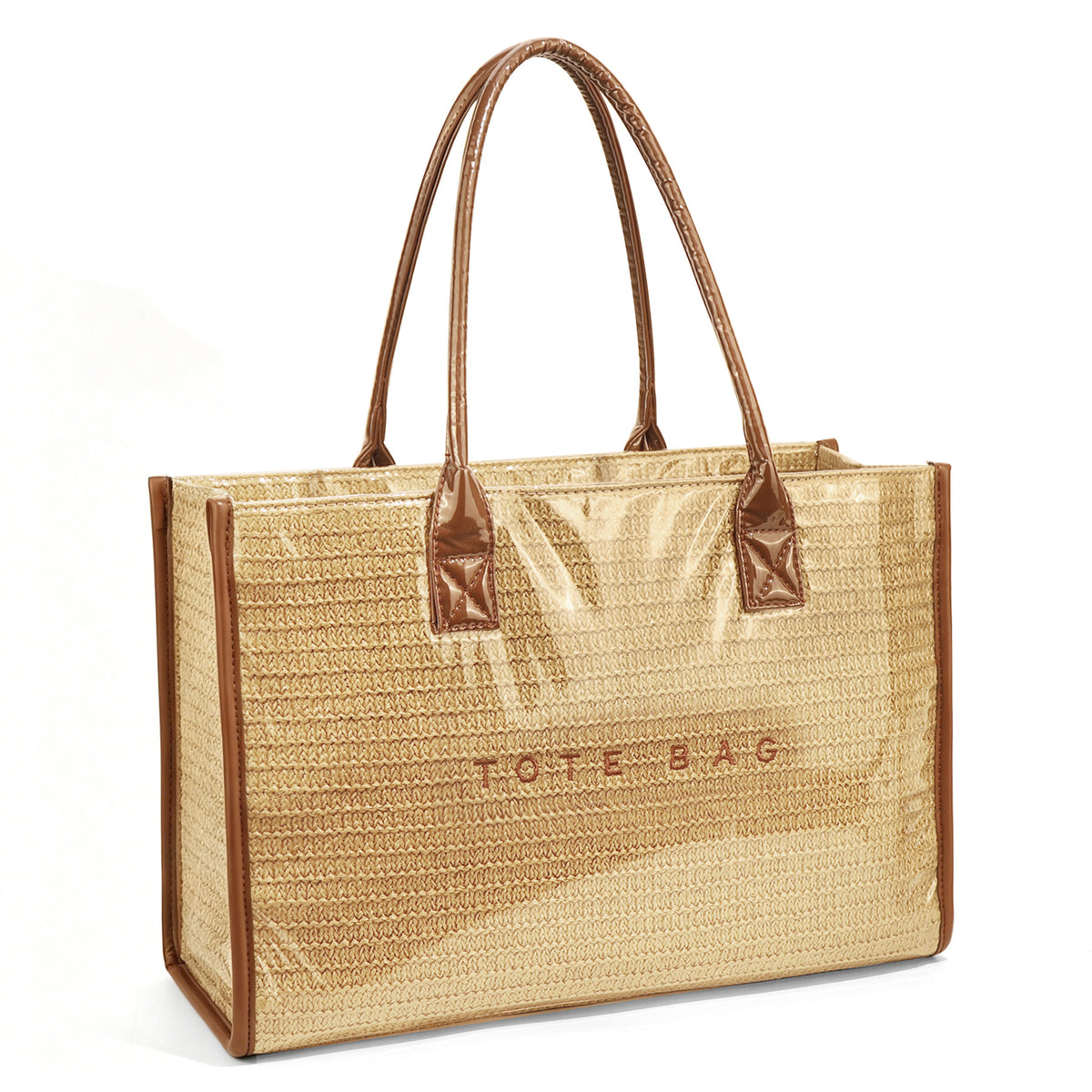 Raffia Print Structured Tote Bag With Zip - Brown - 2