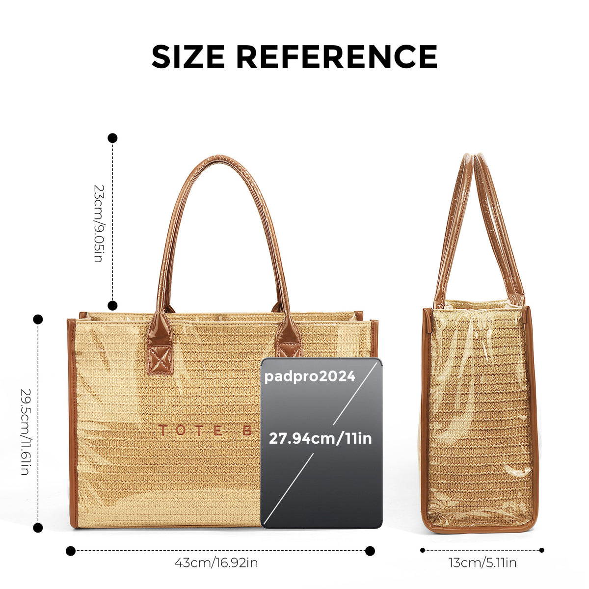 Raffia Print Structured Tote Bag With Zip - Brown - 4