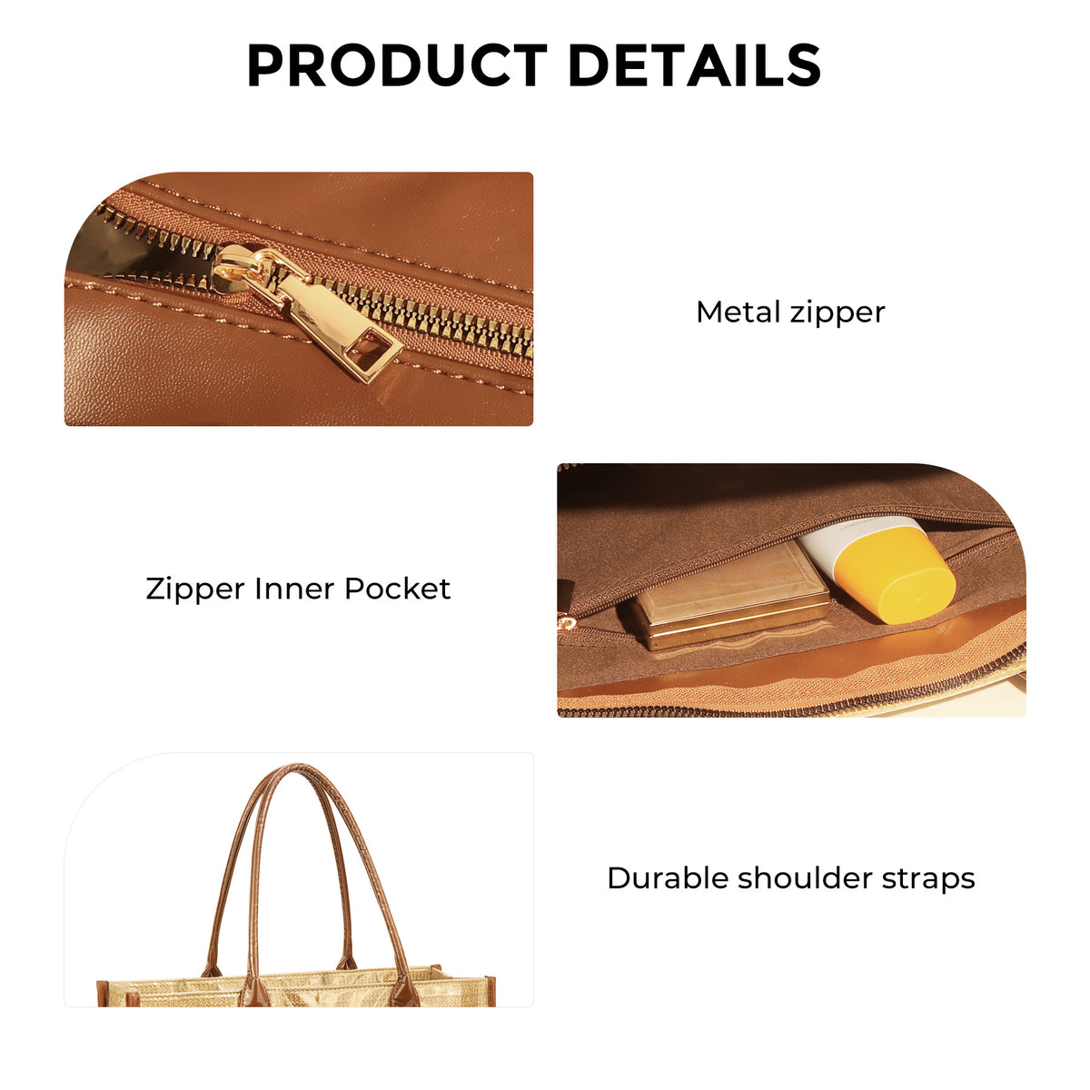 Raffia Print Structured Tote Bag With Zip - Brown - 5