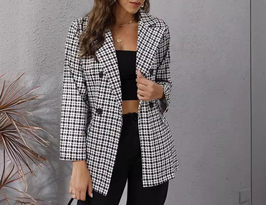 Check Print Notch Lapel Tailored Blazer - Black - 1