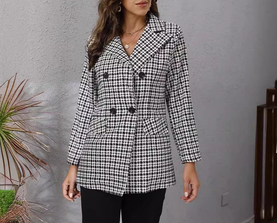 Check Print Notch Lapel Tailored Blazer - Black - 2