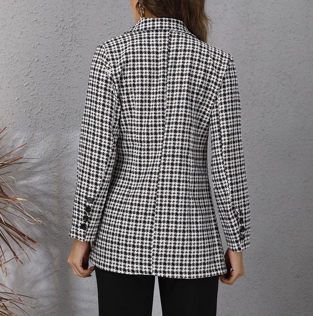 Check Print Notch Lapel Tailored Blazer - Black - 5