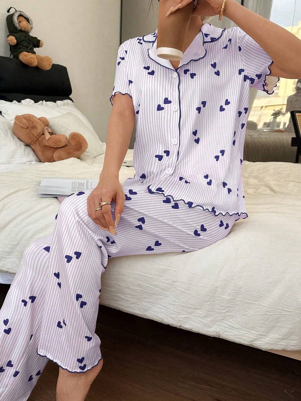 Ribbed Heart Print Piped Pajama Set - Blue - 2