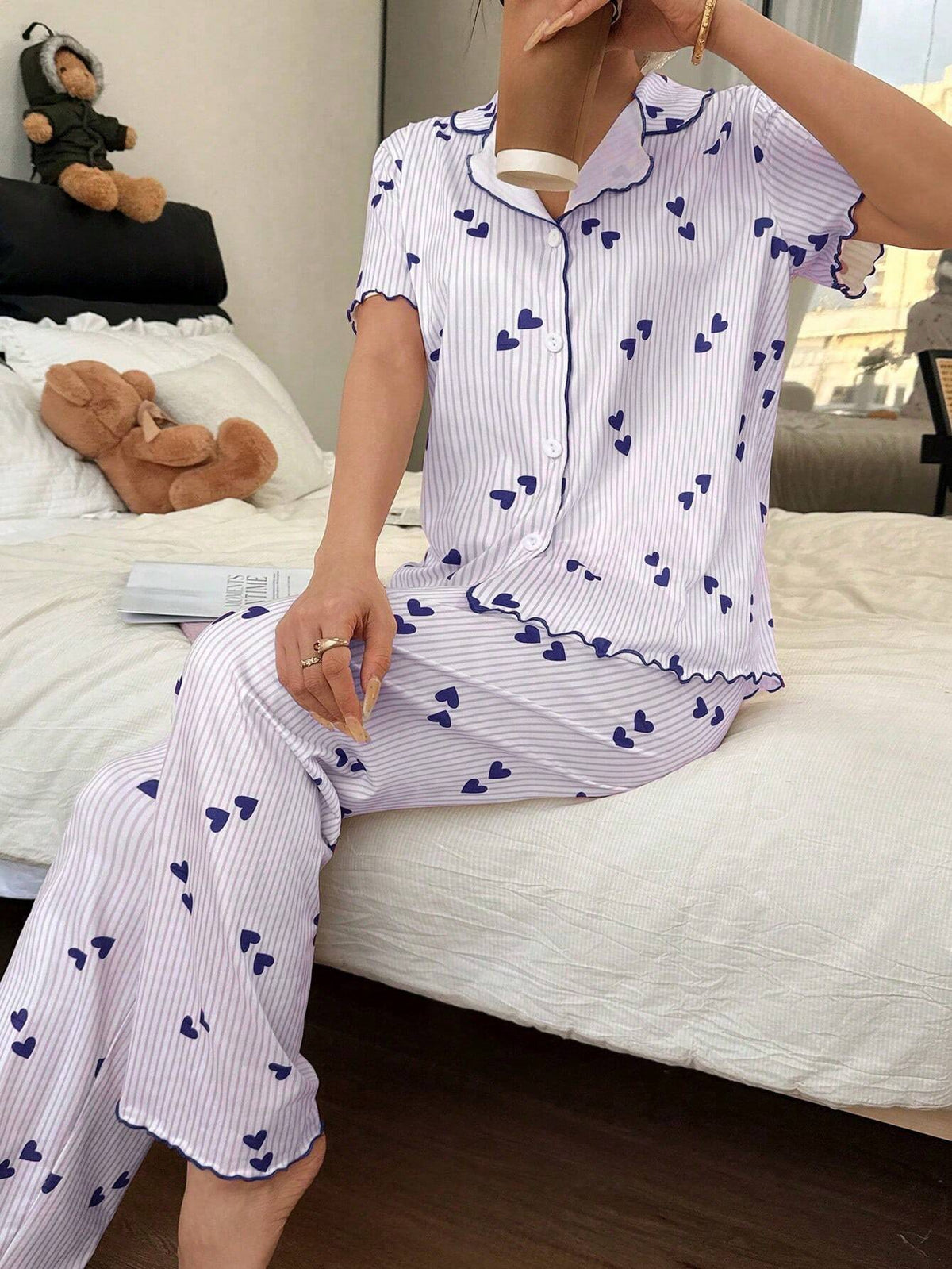 Ribbed Heart Print Piped Pajama Set - Blue - 2