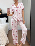 Ribbed Heart Print Piped Pajama Set - Red