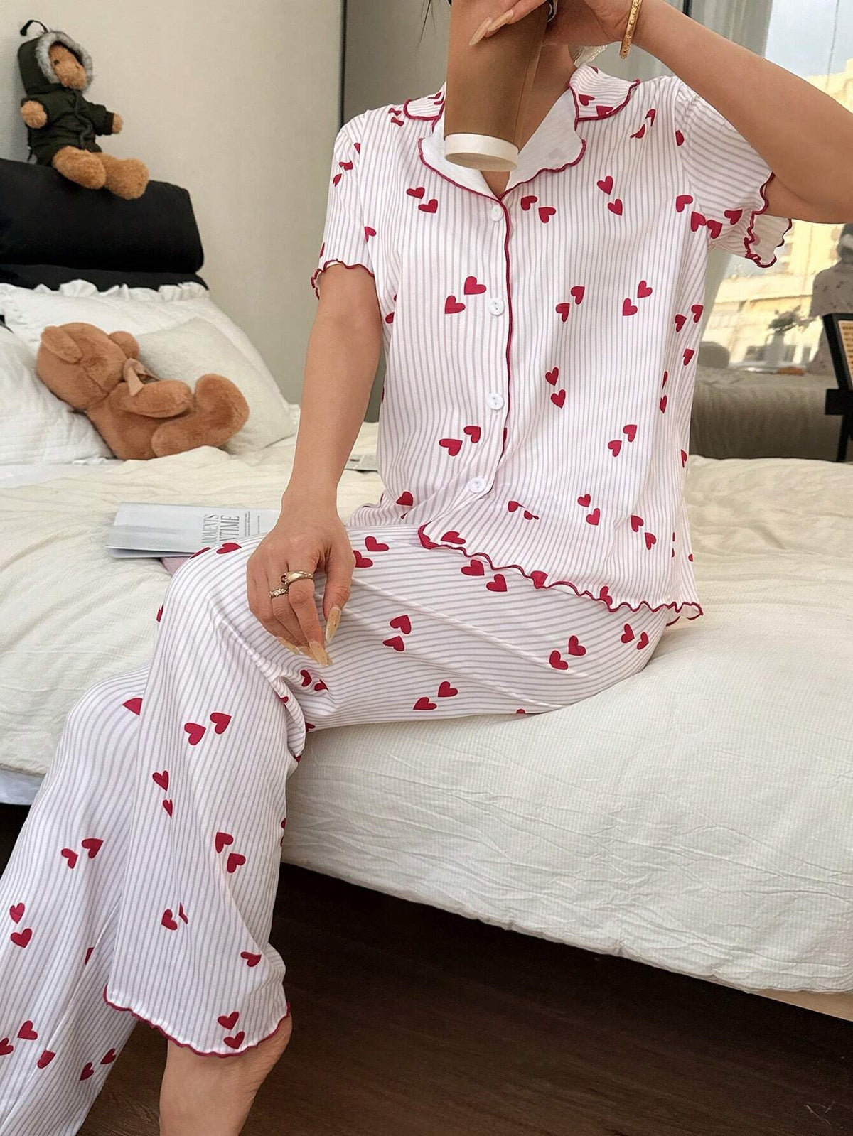 Ribbed Heart Print Piped Pajama Set - Red - 1