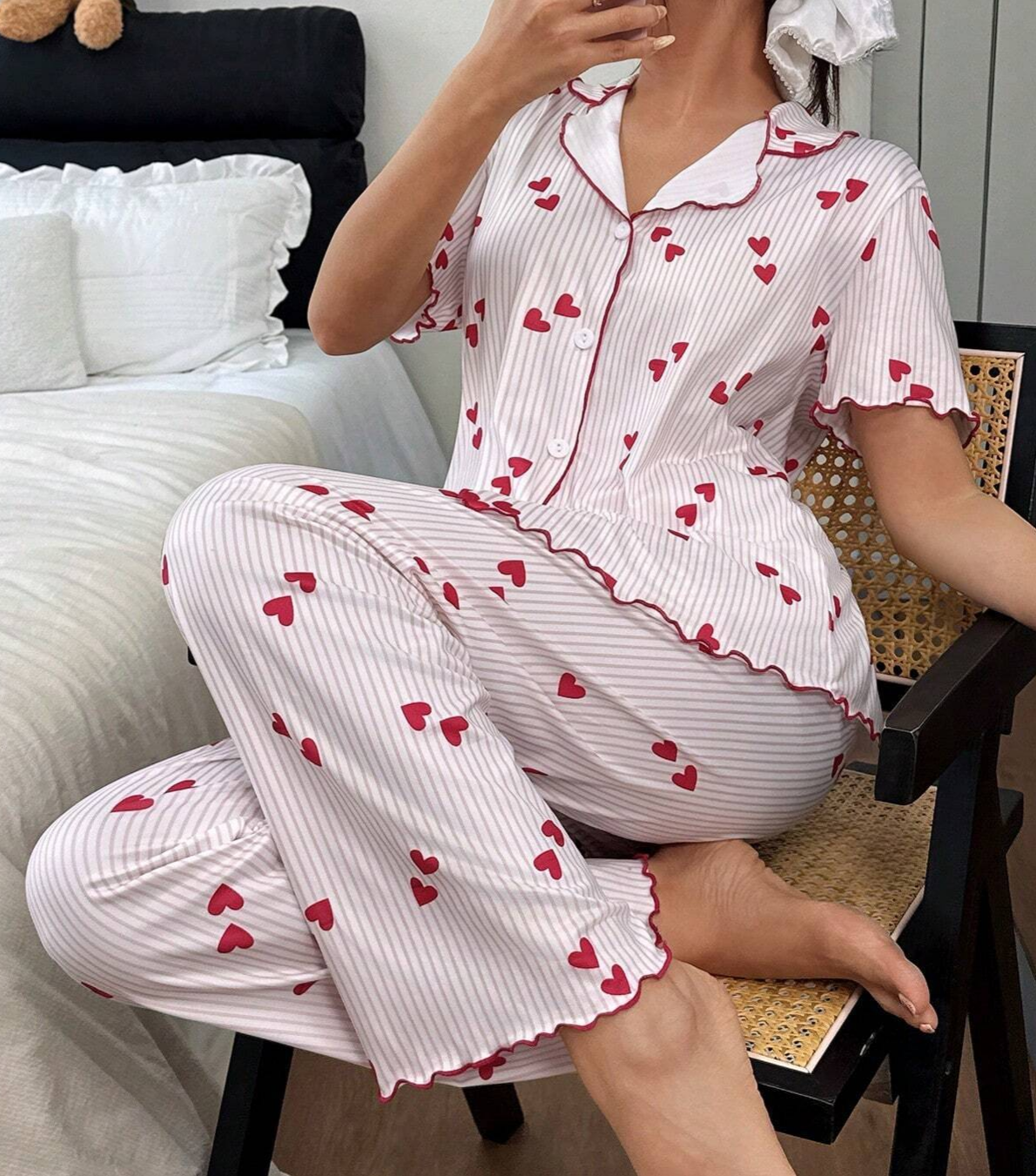 Ribbed Heart Print Piped Pajama Set - Red - 2
