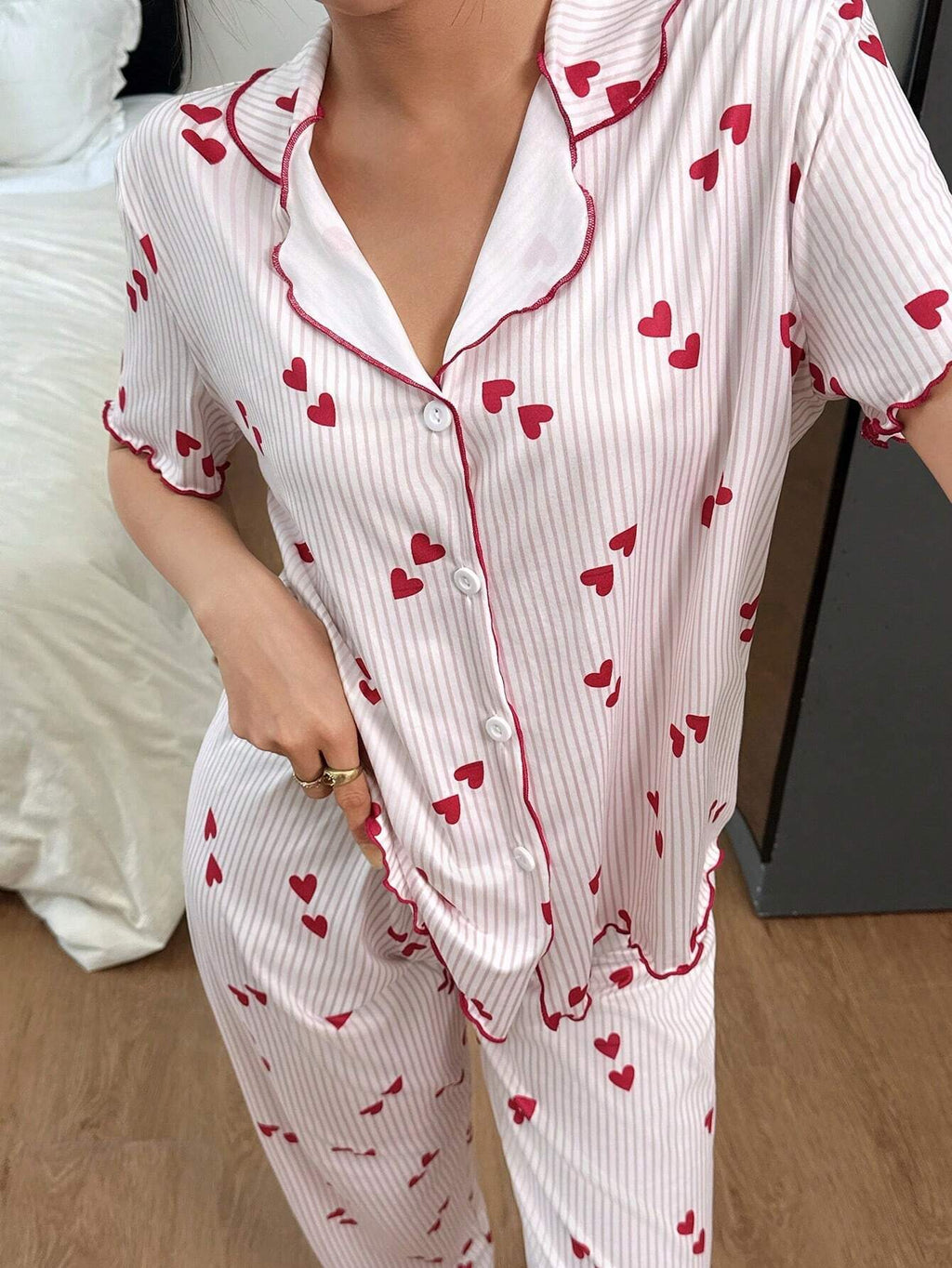Ribbed Heart Print Piped Pajama Set - Red - 3