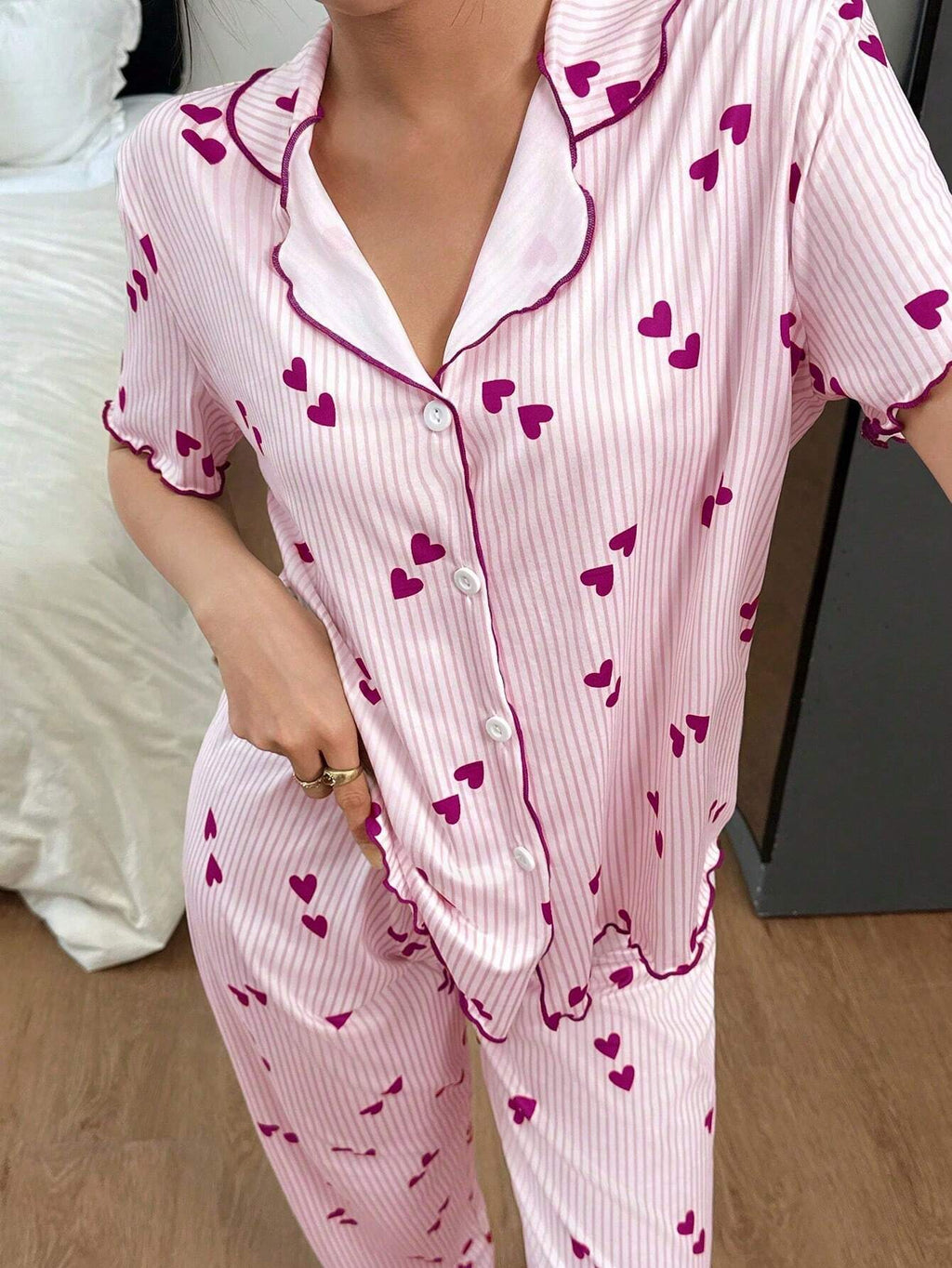 Ribbed Heart Print Piped Pajama Set - Rose_red