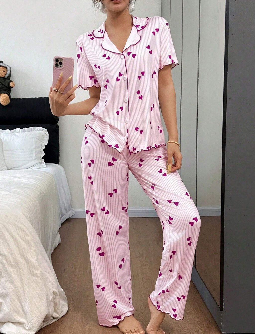 Ribbed Heart Print Piped Pajama Set - Rose_red - 1