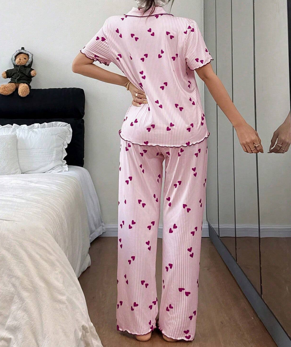 Ribbed Heart Print Piped Pajama Set - Rose_red - 3