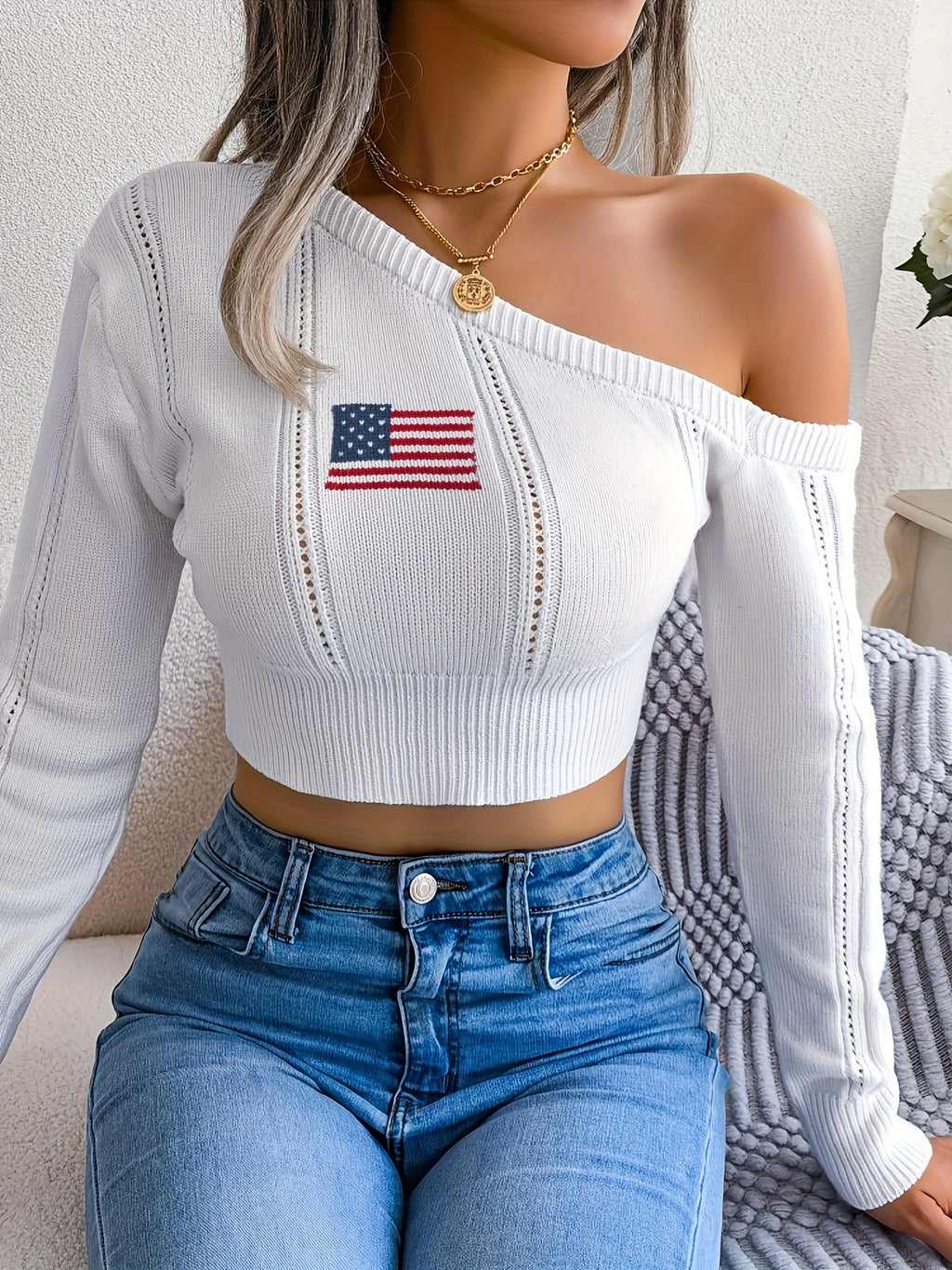 One Shoulder Cropped Ribbed Knit Sweater - Flag