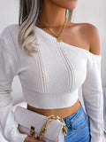 One Shoulder Cropped Ribbed Knit Sweater - White