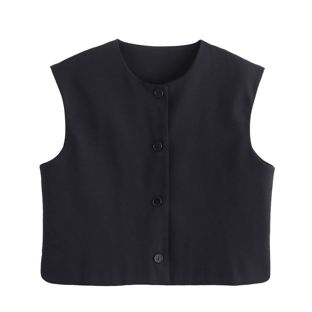 Collarless Button Front Boxy Vest - Black