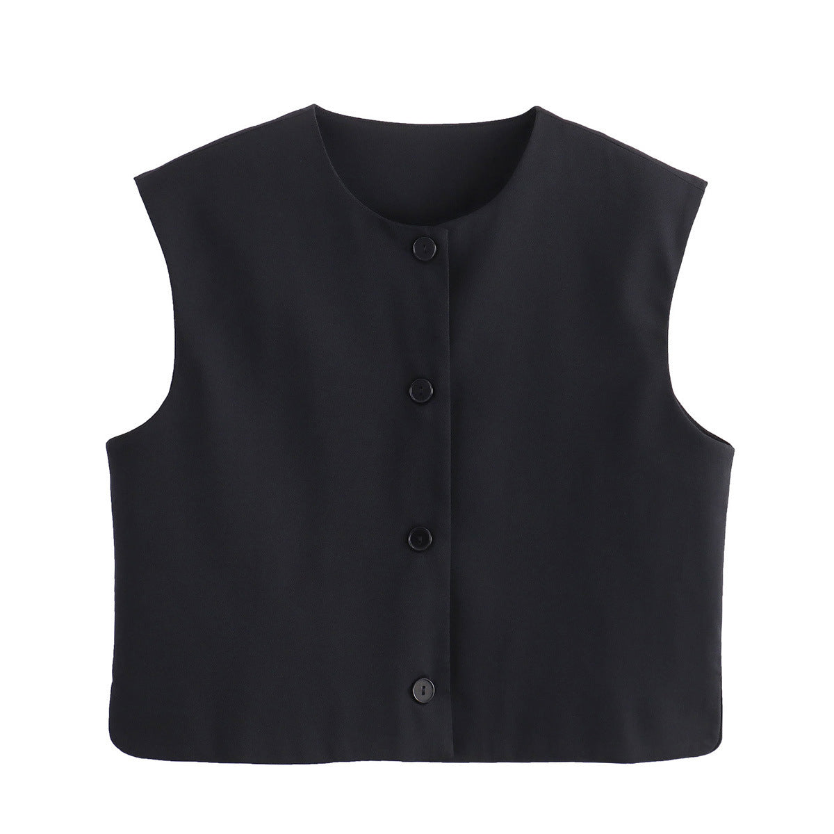 Collarless Button Front Boxy Vest - Black