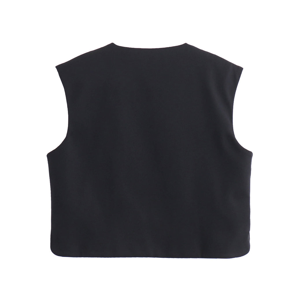 Collarless Button Front Boxy Vest - Black - 1