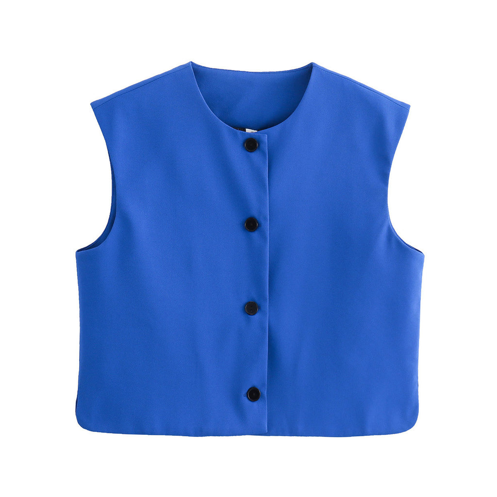 Collarless Button Front Boxy Vest - Blue