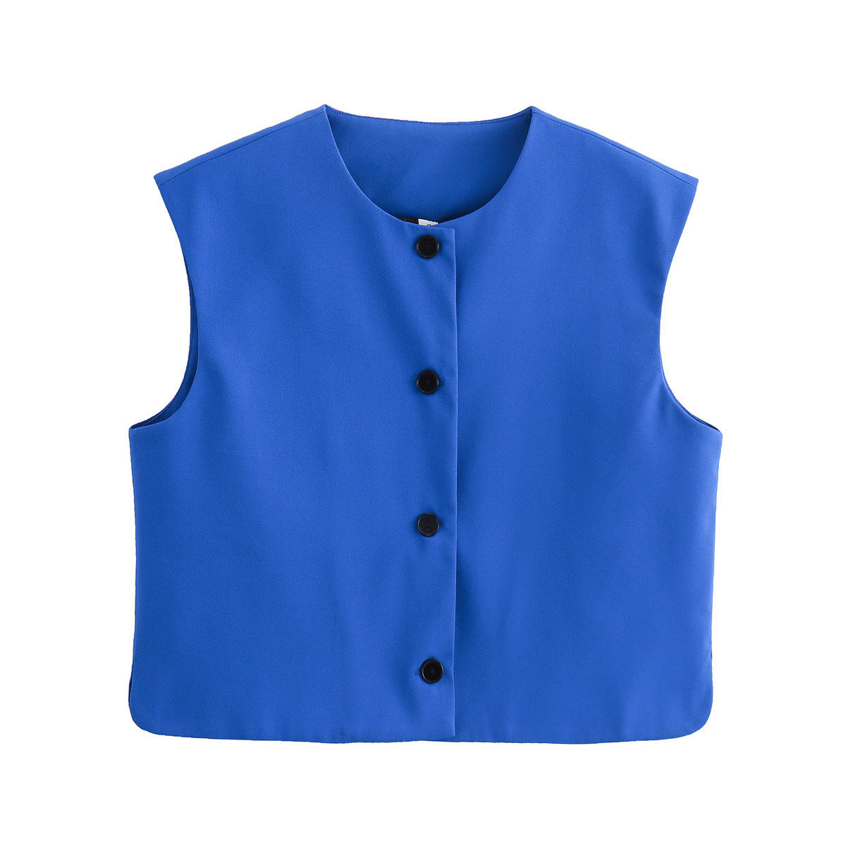 Collarless Button Front Boxy Vest - Blue