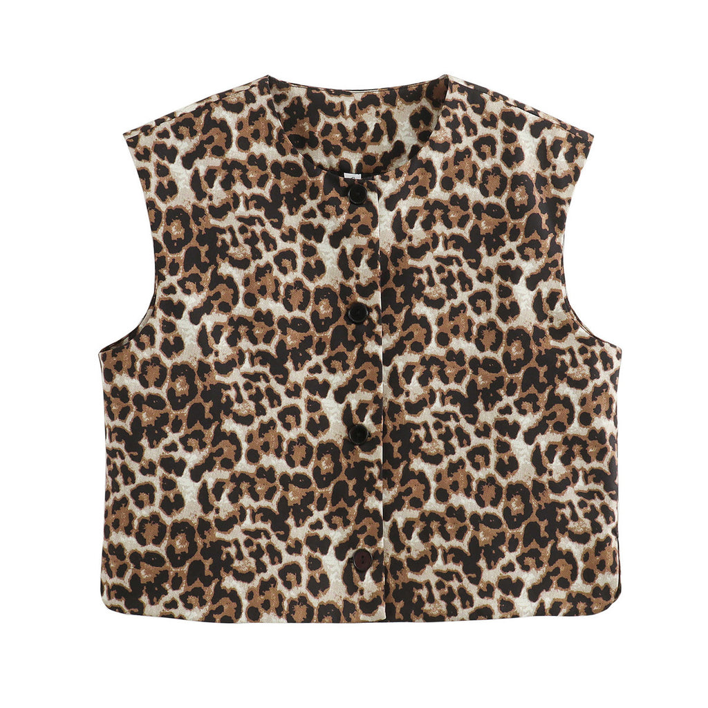 Collarless Button Front Boxy Vest - Brown