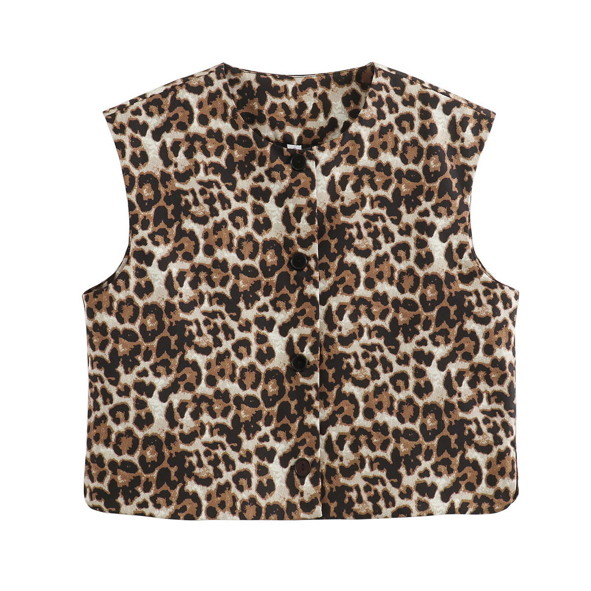 Collarless Button Front Boxy Vest - Brown