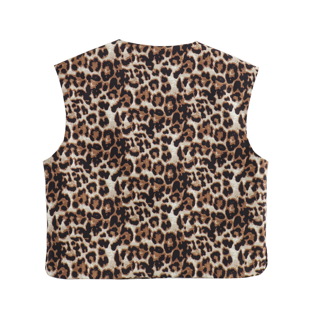 Collarless Button Front Boxy Vest - Brown - 1
