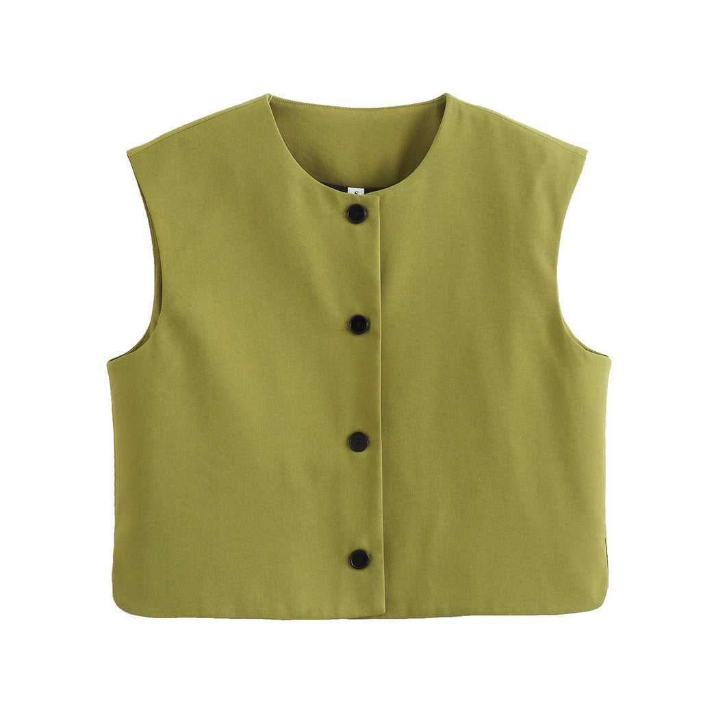 Collarless Button Front Boxy Vest - Green