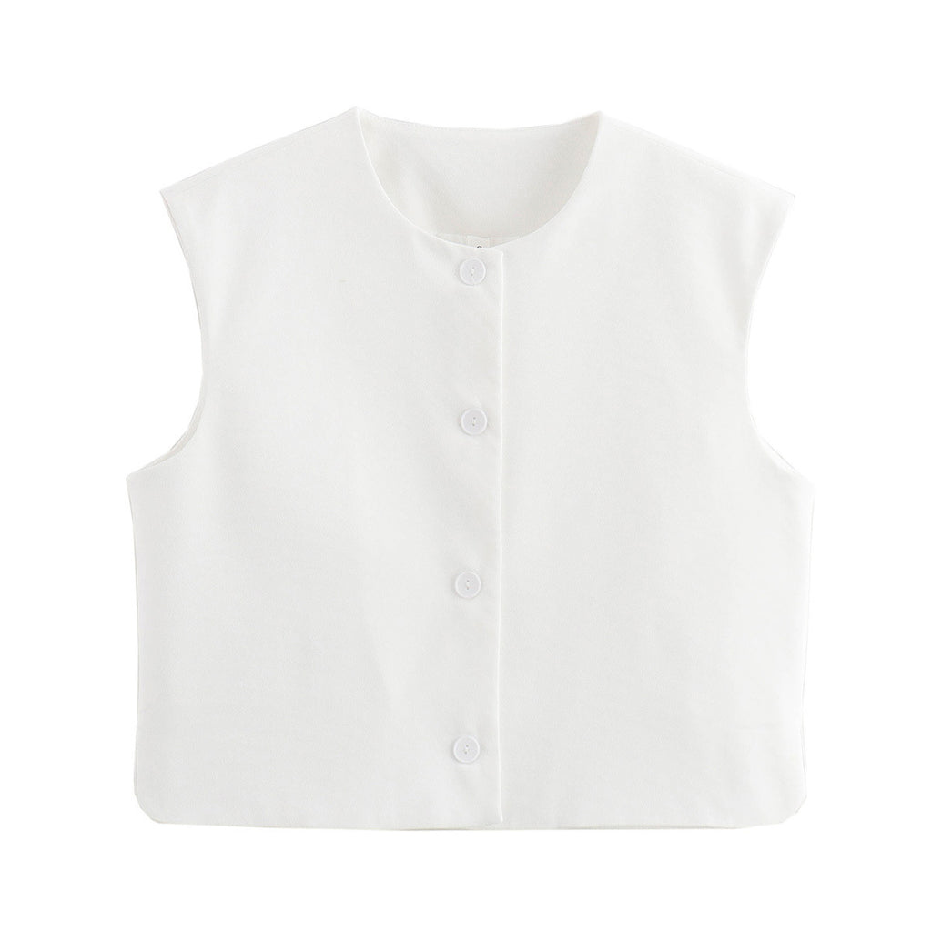 Collarless Button Front Boxy Vest - White