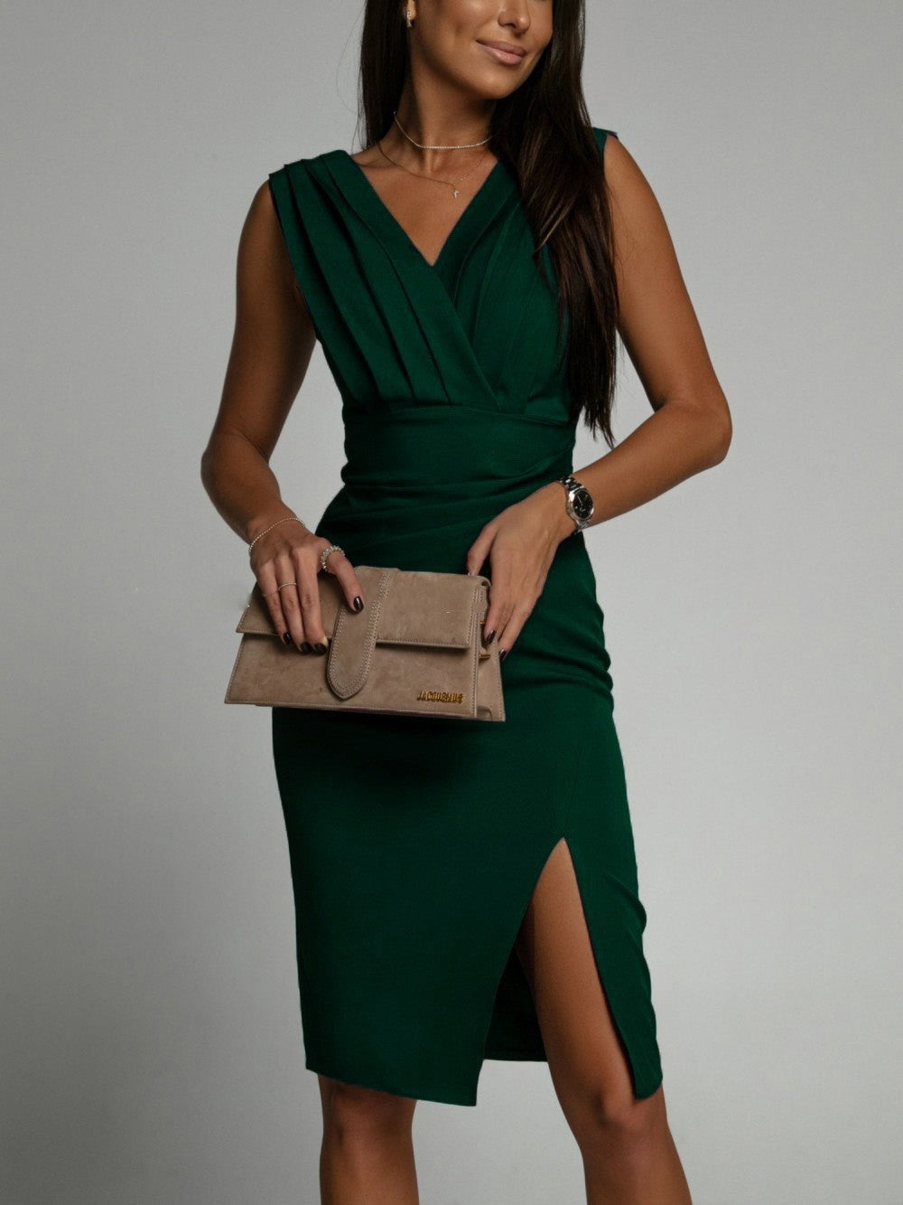 Pleated Wrap V Neck Ruched Slit Midi Dress
