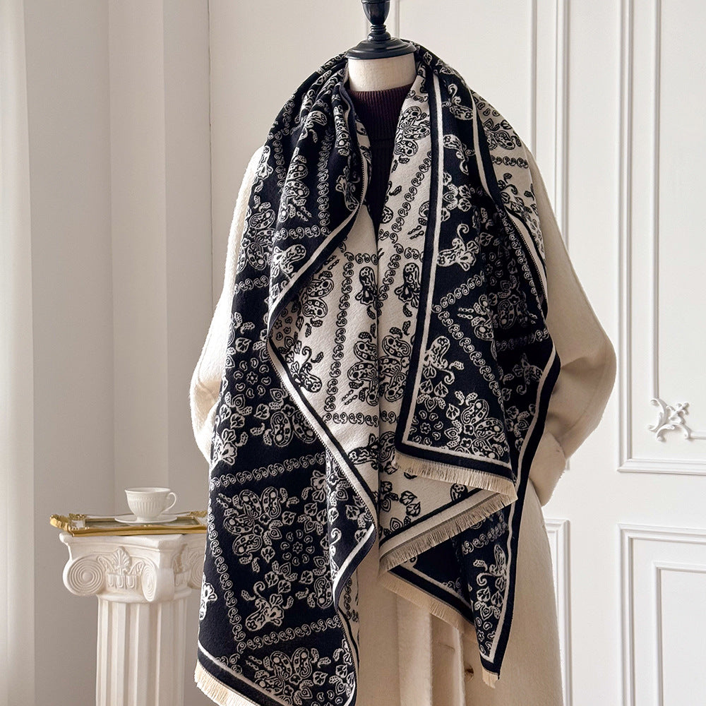 Ornate Tile Jacquard Fringed Shawl Wrap - Black