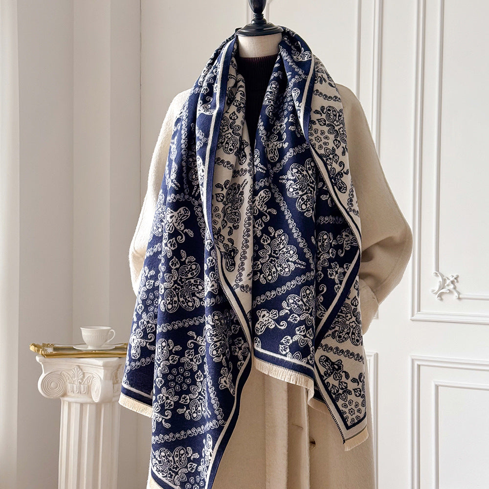 Ornate Tile Jacquard Fringed Shawl Wrap - Blue