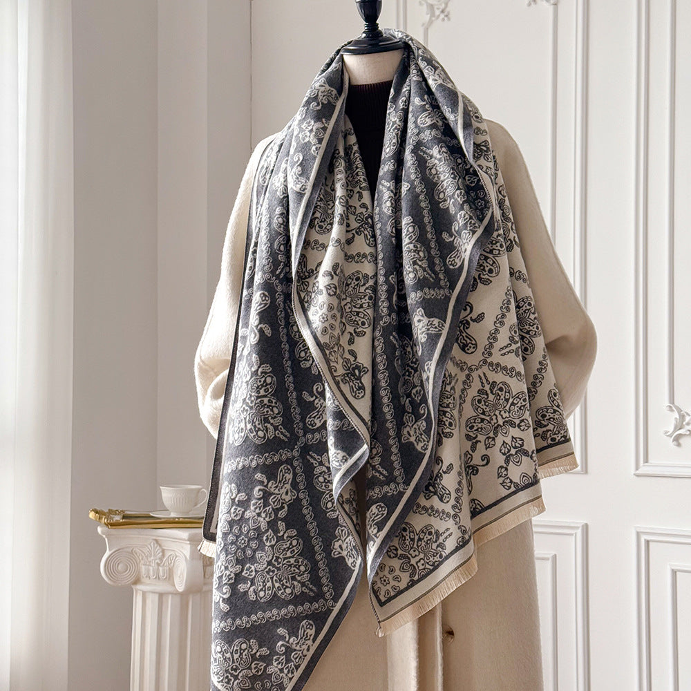 Ornate Tile Jacquard Fringed Shawl Wrap - Grey