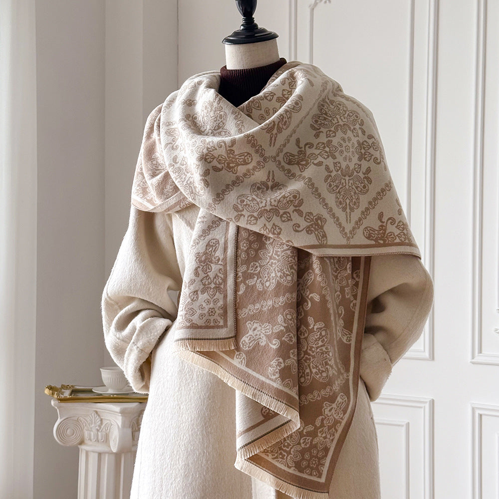Ornate Tile Jacquard Fringed Shawl Wrap - Khaki