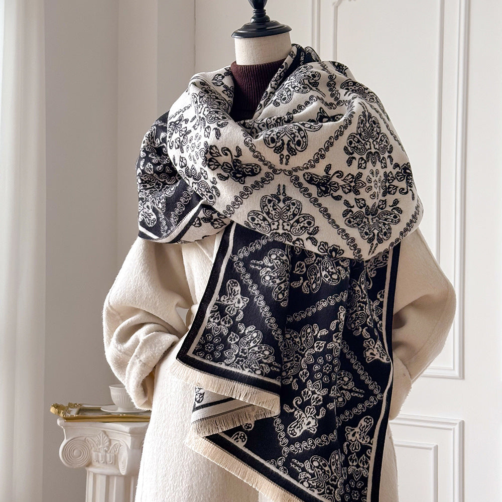 Ornate Tile Jacquard Fringed Shawl Wrap