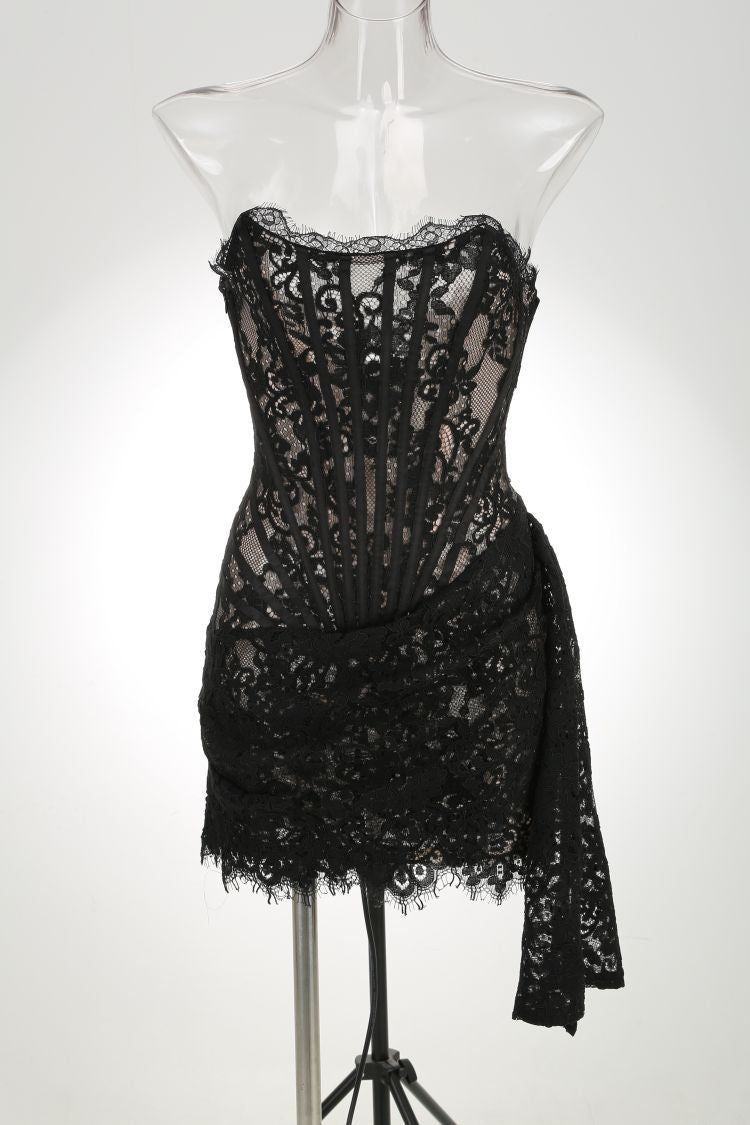 Lace Corset Draped Strapless Mini Dress - Black