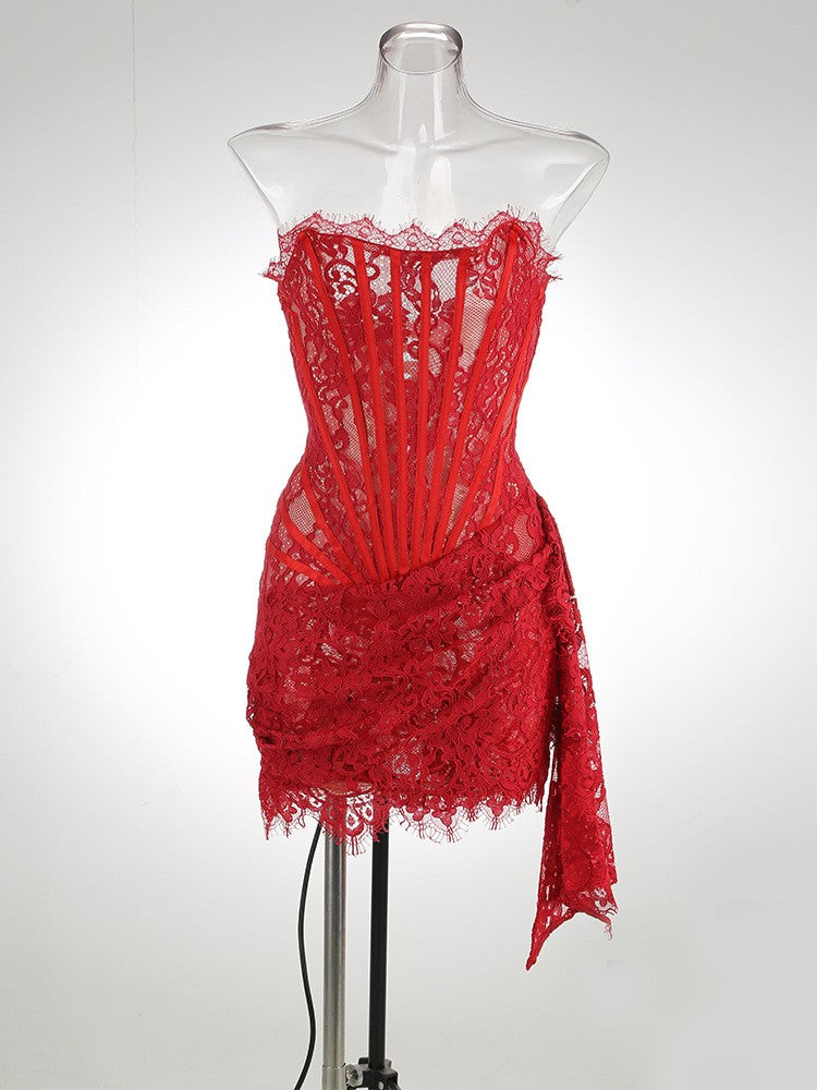 Lace Corset Draped Strapless Mini Dress - Red