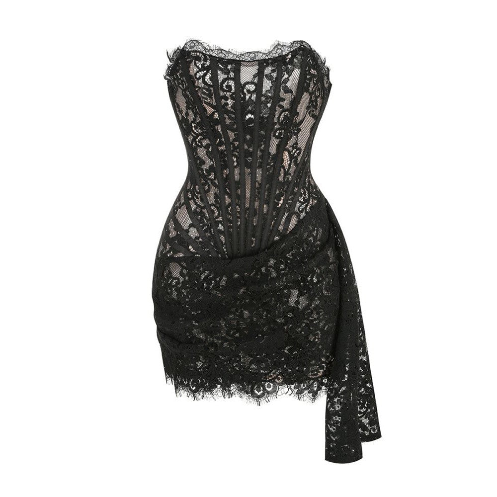 Lace Corset Draped Strapless Mini Dress