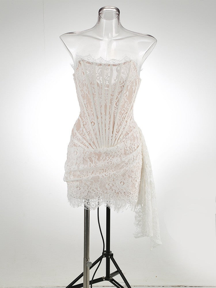 Lace Corset Draped Strapless Mini Dress