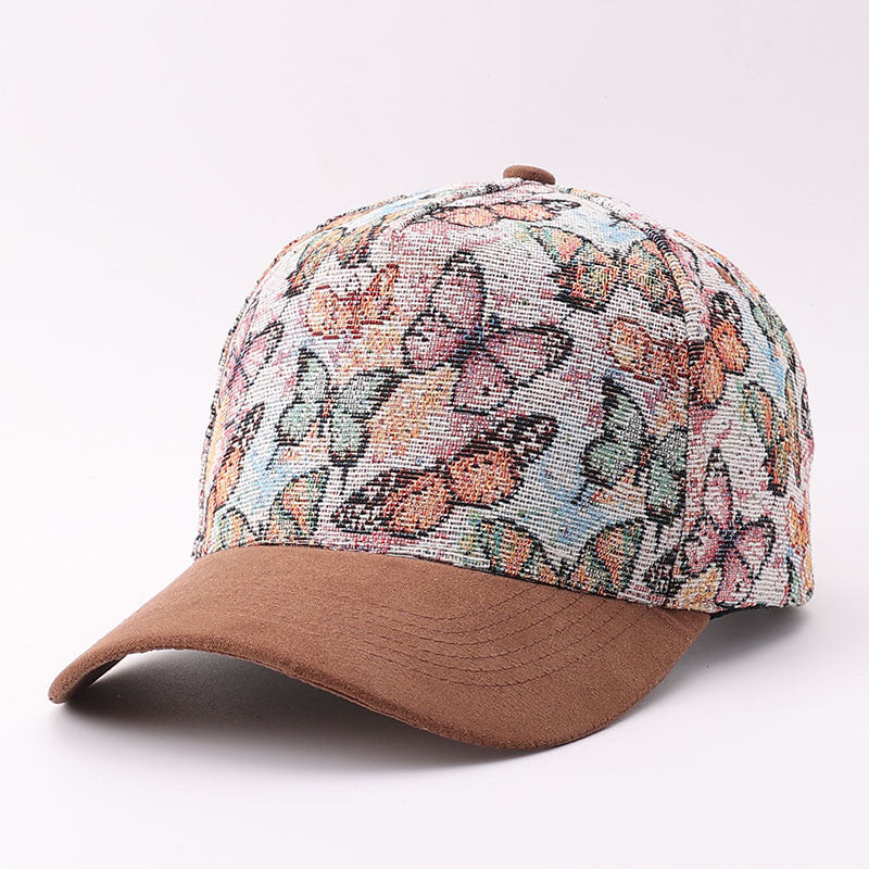 Butterfly Floral Tapestry Baseball Cap Suede Visor - Brown