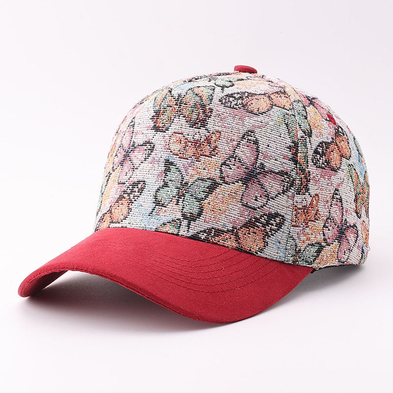 Butterfly Floral Tapestry Baseball Cap Suede Visor - Red