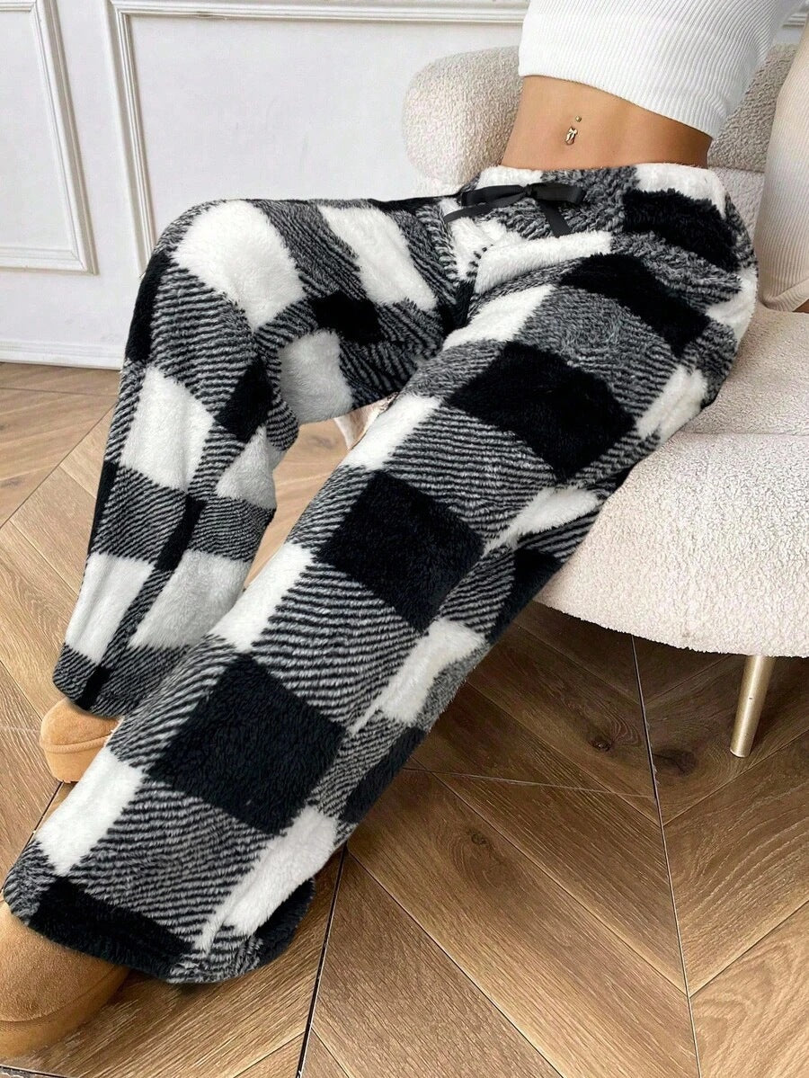 Buffalo Plaid Plush Pajama Pants - Black